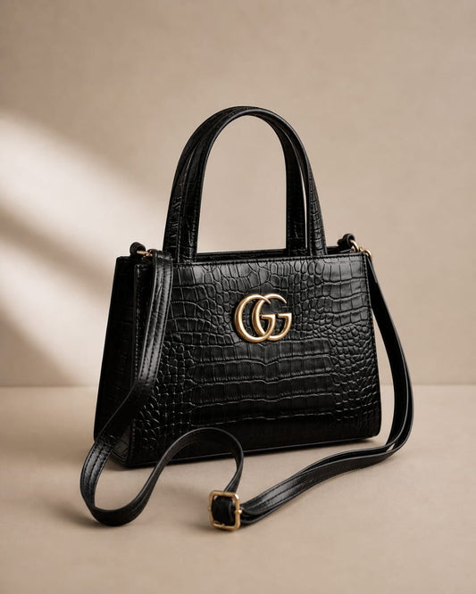 EliteClutch Luxe Croc Texture Handbag – Premium Black Shoulder & Crossbody Bag