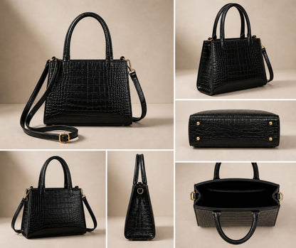 EliteClutch Luxe Croc Texture Handbag – Premium Black Shoulder & Crossbody Bag